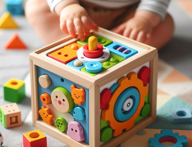 baby playing with an activity cube having shapes