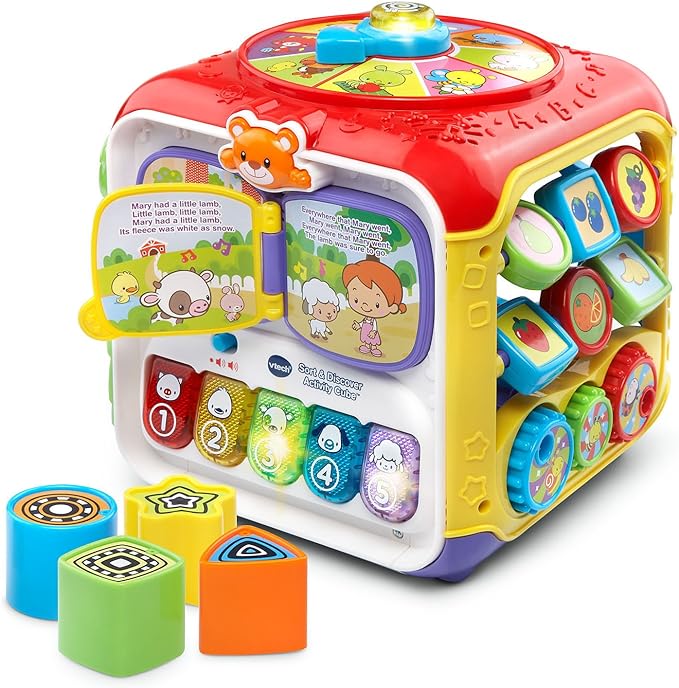 Activity cube includes interactive buttons, light-up features, and a variety of shapes to sort.