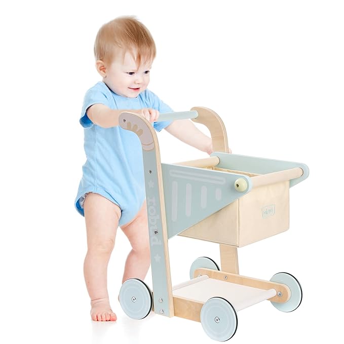 Wooden Shopping Cart Toy, Baby Wooden Baby Push Walker Toy for Toddler Kids, Push Toy for Babies Learning to Walk for Toddler Kids