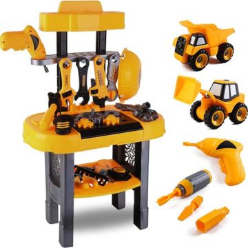 Toddler Workbench and Tool Set Trucks - 2 in 1 Construction Toy and Work Bench with Toy Power Tools, DIY Electric Drill, Nuts and Bolts